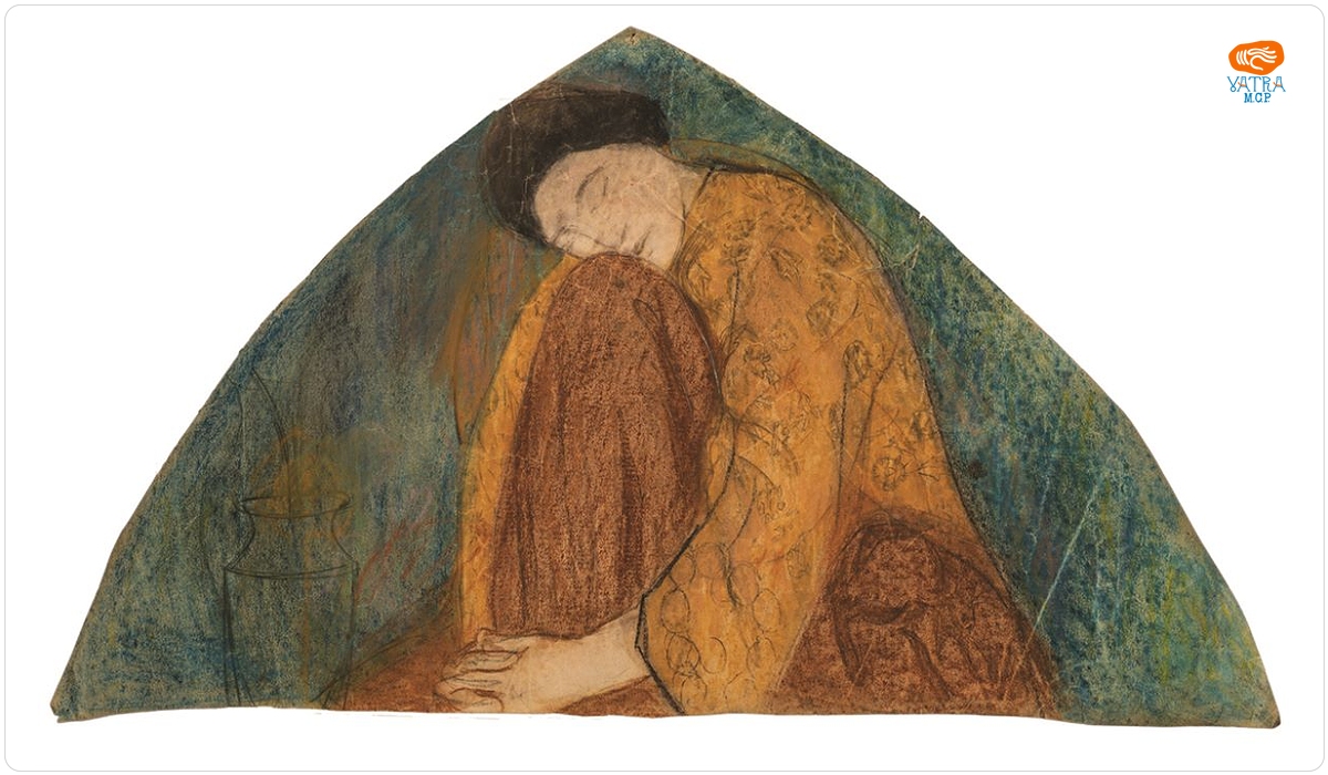 Compoziție pentru o lunetă aparținând ansamblului de picturi murale din locuința artistei; Verso: Eva meditează după ce l-a ademenit pe Adam, schiță în cărbune
