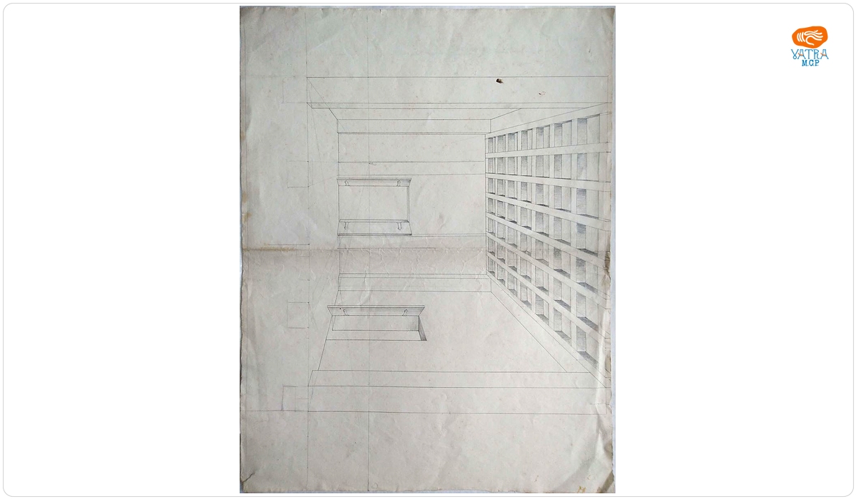Studii de perspectivă - interior cu plafon casetat și uși deschise