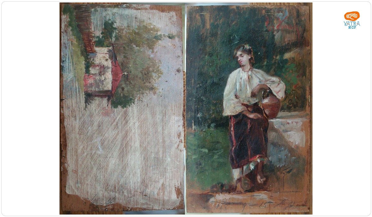 Fata cu ulciorul lângă fântână; Schiță peisaj cu casă (verso)