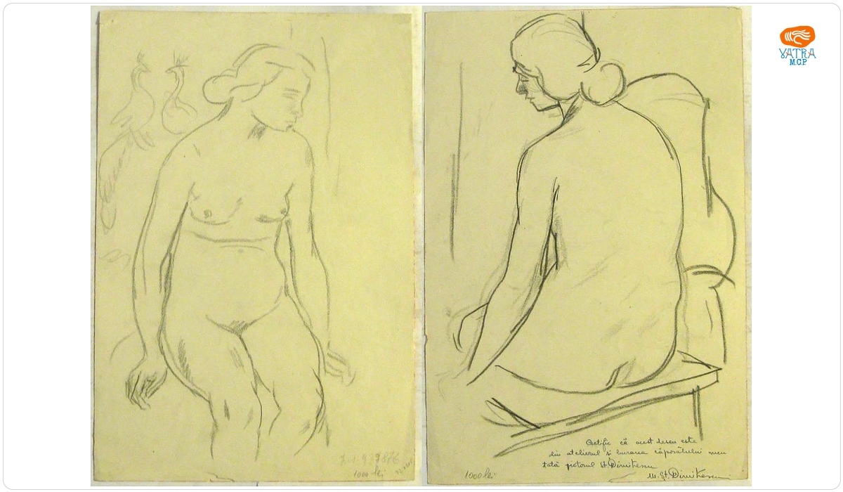 Ștefan Dimitrescu — Nud cu spatele (Nud de femeie așezată); Verso: Schiță de nud de femeie