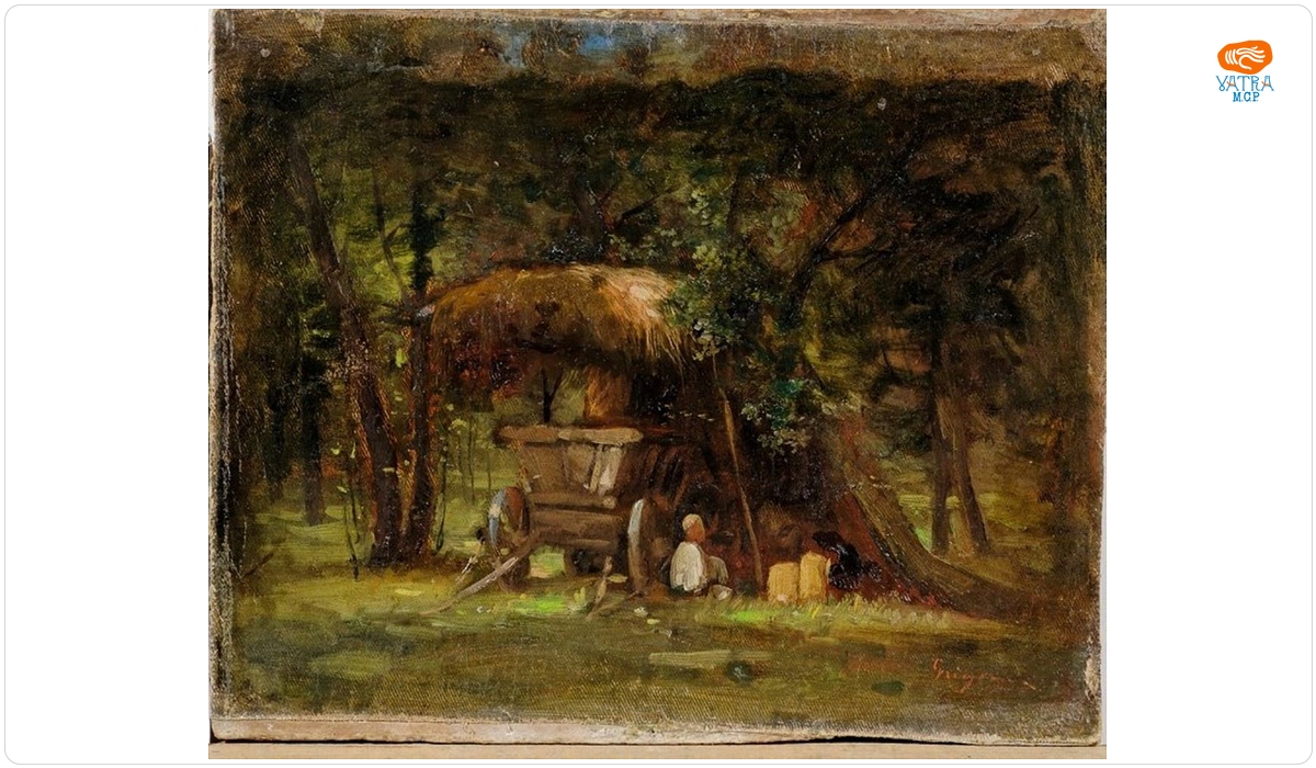 Căruță sub umbrar în pădure