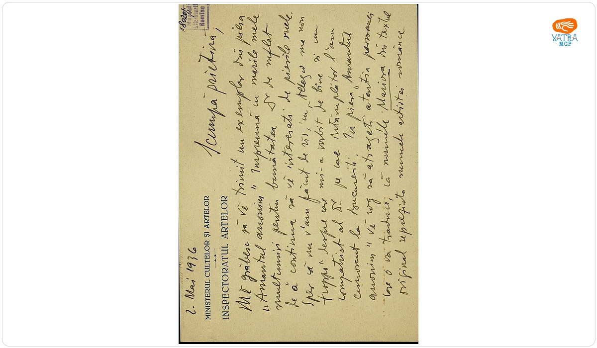 Documentul a fost redactat de Ion Minulescu. — Scrisoare, datată București, 2 mai 1936, adresată de Ion Minulescu către Jindra Huskova.