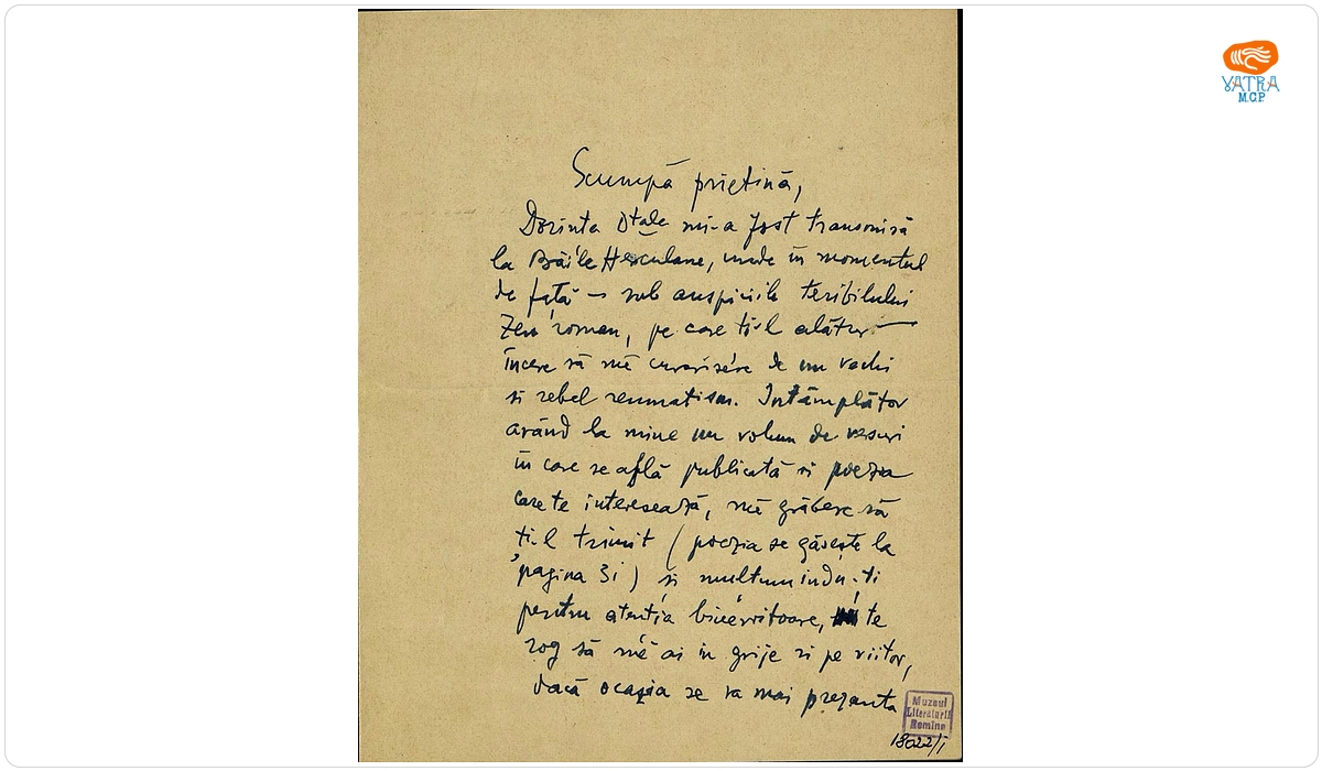 Documentul a fost redactat de Ion Minulescu. — Scrisoare, datată București, 18 august 1938, adresată de Ion Minulescu către Jindra Huskova.