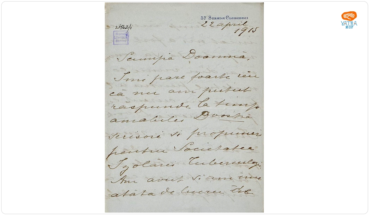 Scrisoare, datată 22 aprilie 1915, adresată de Sabina Cantacuzino către Ana Conta-Kernbach.