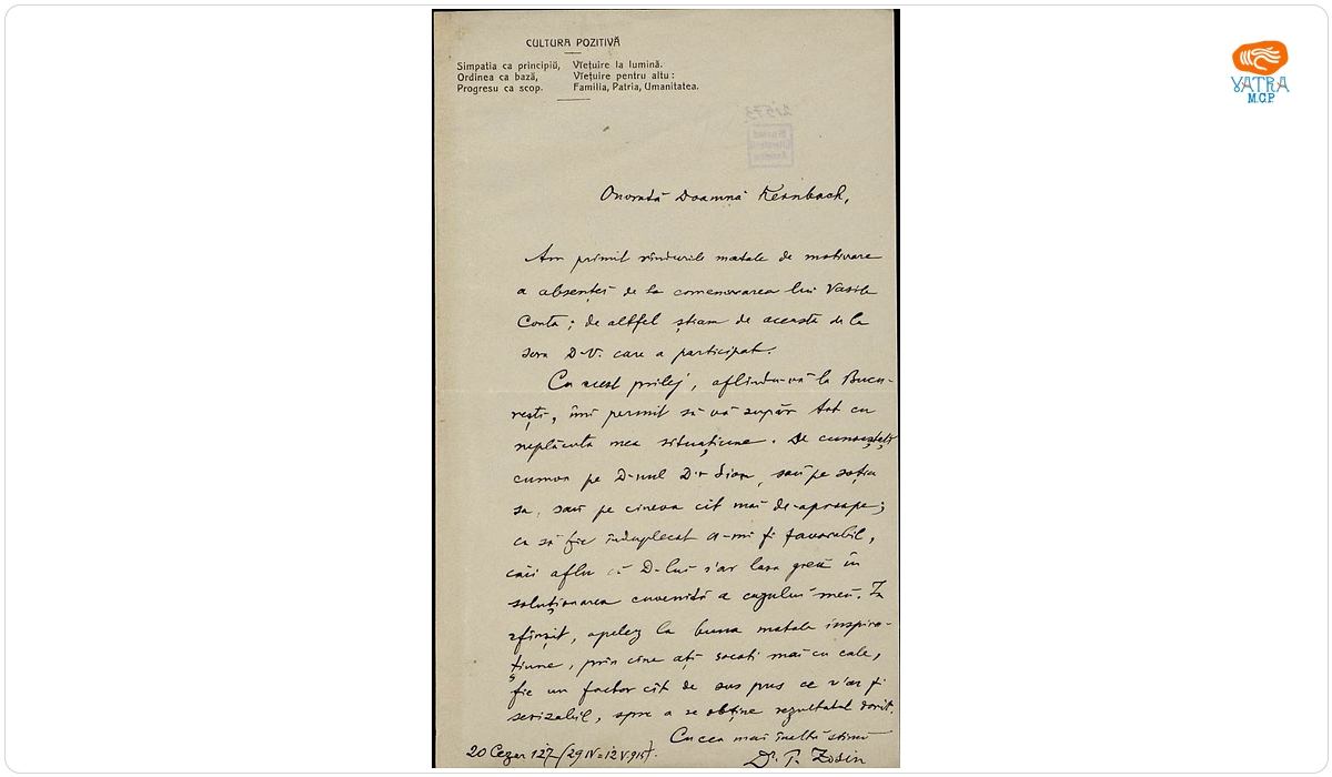 Scrisoare, datată 29 aprilie – 12 mai 1915, adresată de Dr. Panait Zosin doamnei Ana Conta-Kernbach.
