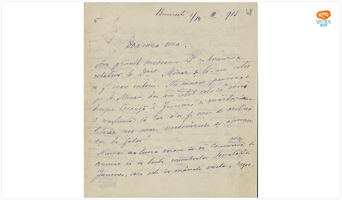 Scrisoare, datată București, 1-14 martie 1915, adresată de I. C. Negruzzi doamnei Ana Conta-Kernbach.