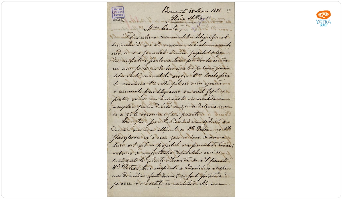 Scrisoare, datată București, 28 mai 1882, adresată de Basile C. Livianu domnișoarei Elisa Conta