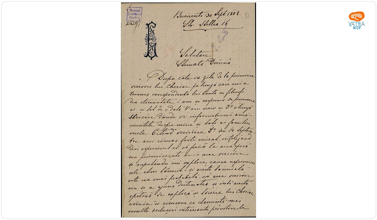 Scrisoare, datată București, 30 septembrie 1882, adresată de Basile C. Livianu domnișoarei Elisa Conta.