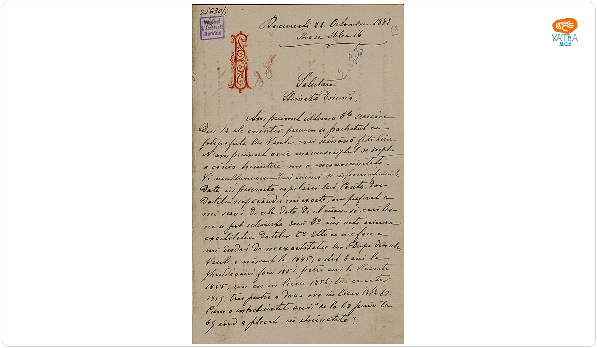 Scrisoare, datată București, 22 octombrie 1882, adresată de Basile C. Livianu domnișoarei Elisa Conta.