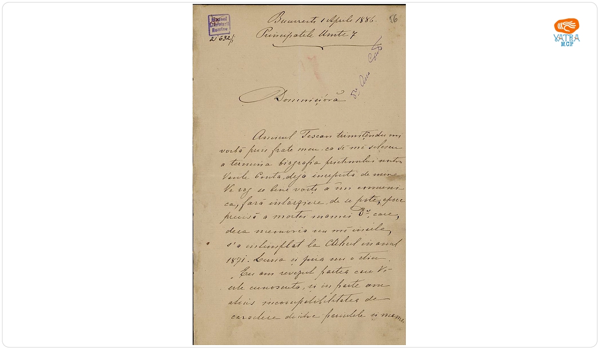 Scrisoare, datată București, 1 aprilie 1886, adresată de Basile C. Livianu domnișoarei Ana Conta.