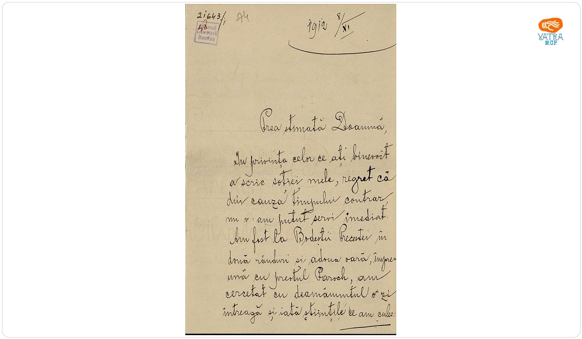 Scrisoare, datată 8 noiembrie 1912, adresată de Nicolae Bancea doamnei Ana Conta-Kernbach.