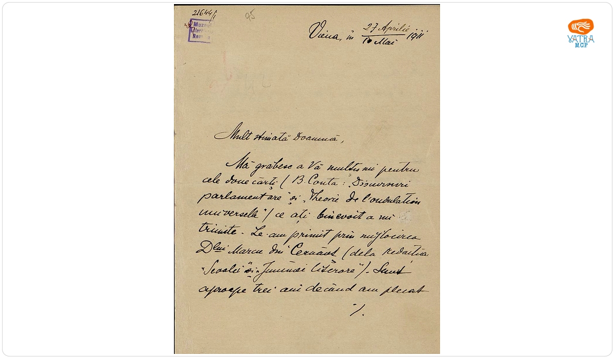 Scrisoare, datată Viena, 27 aprilie – 10 mai 1911, adresată de Dr. Traian Brăileanu doamnei Ana Conta-Kernbach.