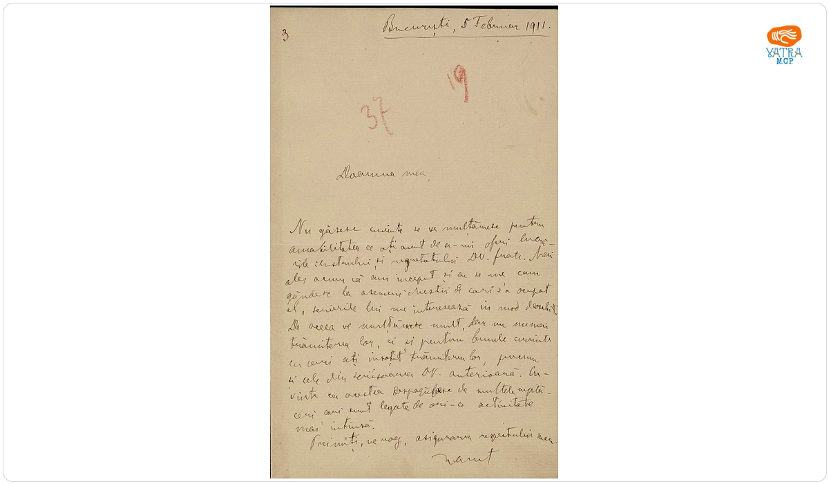 Scrisoare, datată 5 februarie 1911 (București), adresată de Spiru Haret doamnei Ana Conta-Kernbach