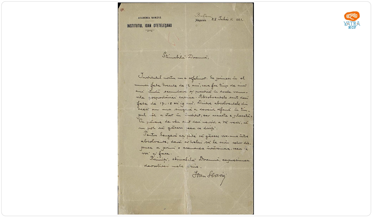 Documentul a fost redactat de Ioan Slavici. — Scrisoare, datată 28 iulie 1901 (Bușteni), adresată de Ioan Slavici doamnei Ana Conta-Kernbach