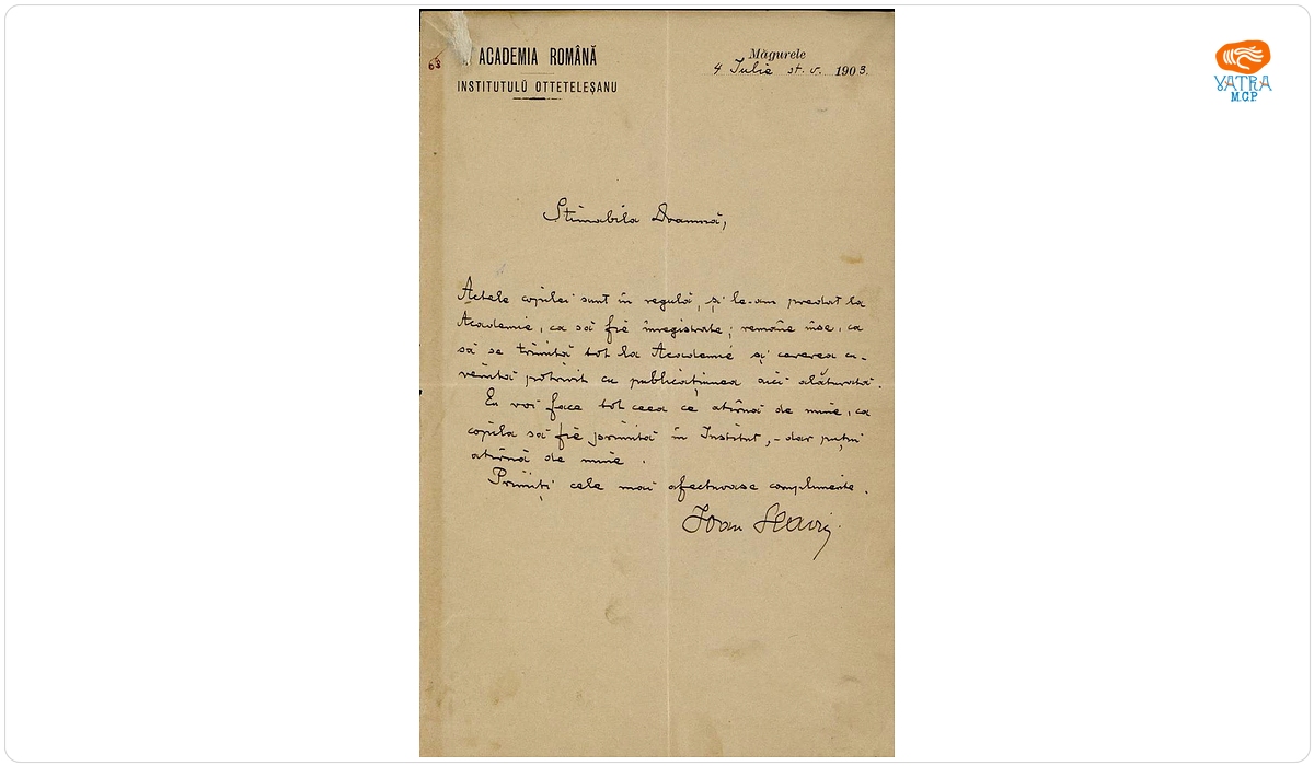 Scrisoare, datată 4 iulie 1903 (Măgurele), adresată de Ioan Slavici doamnei Ana Conta-Kernbach