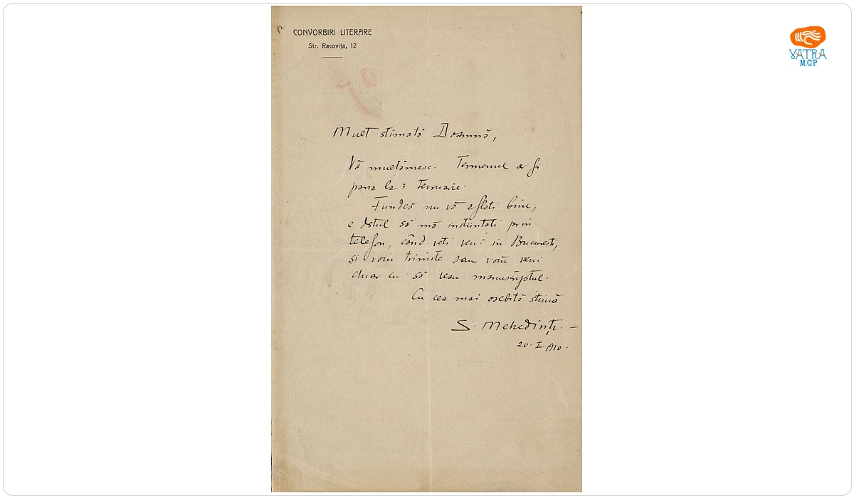 Scrisoare, datată 20 ianuarie 1910 (București), adresată de Simion Mehedinți doamnei Ana Conta-Kernbach