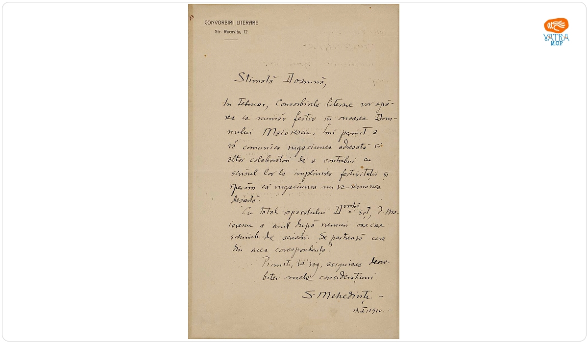 Scrisoare, datată 13 ianuarie 1910 (București), adresată de Simion Mehedinți doamnei Ana Conta-Kernbach