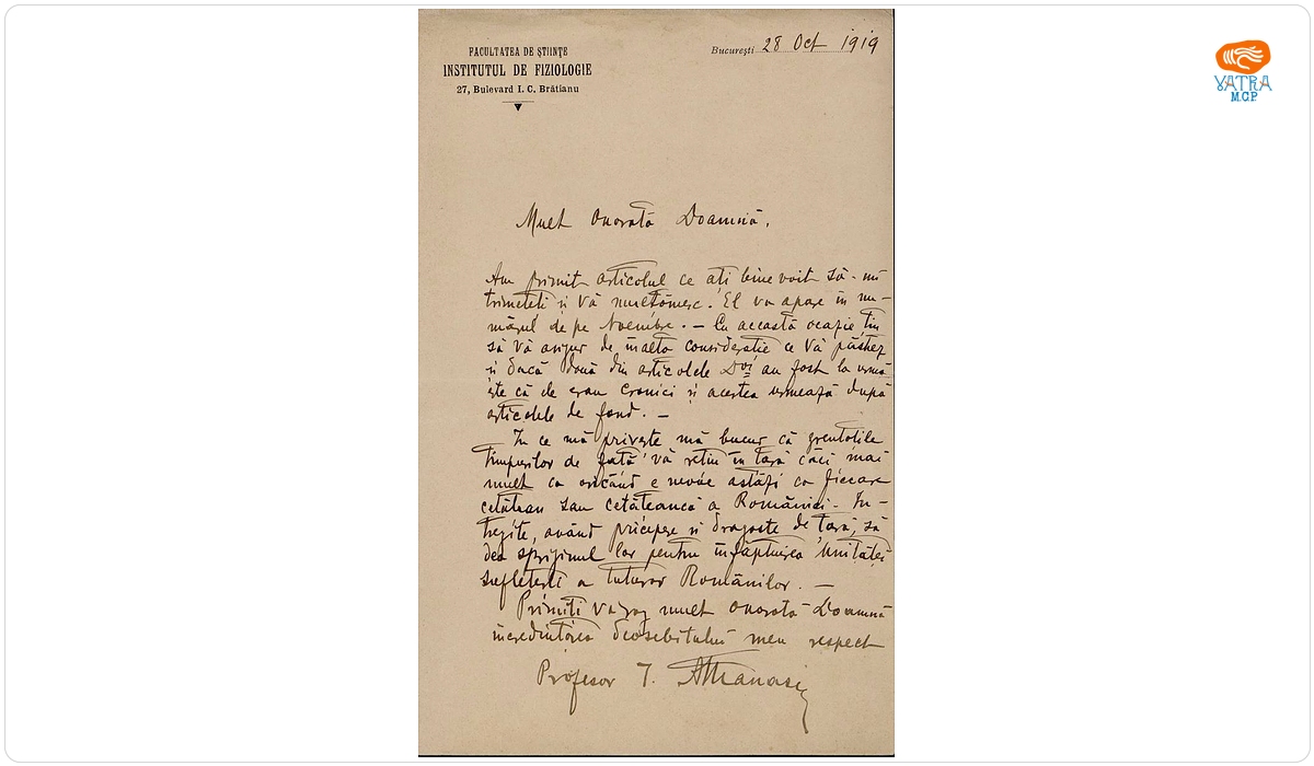 Scrisoare, datată 28 octombrie 1919 (București), adresată de Ioan Athanasiu doamnei Ana Conta-Kernbach.