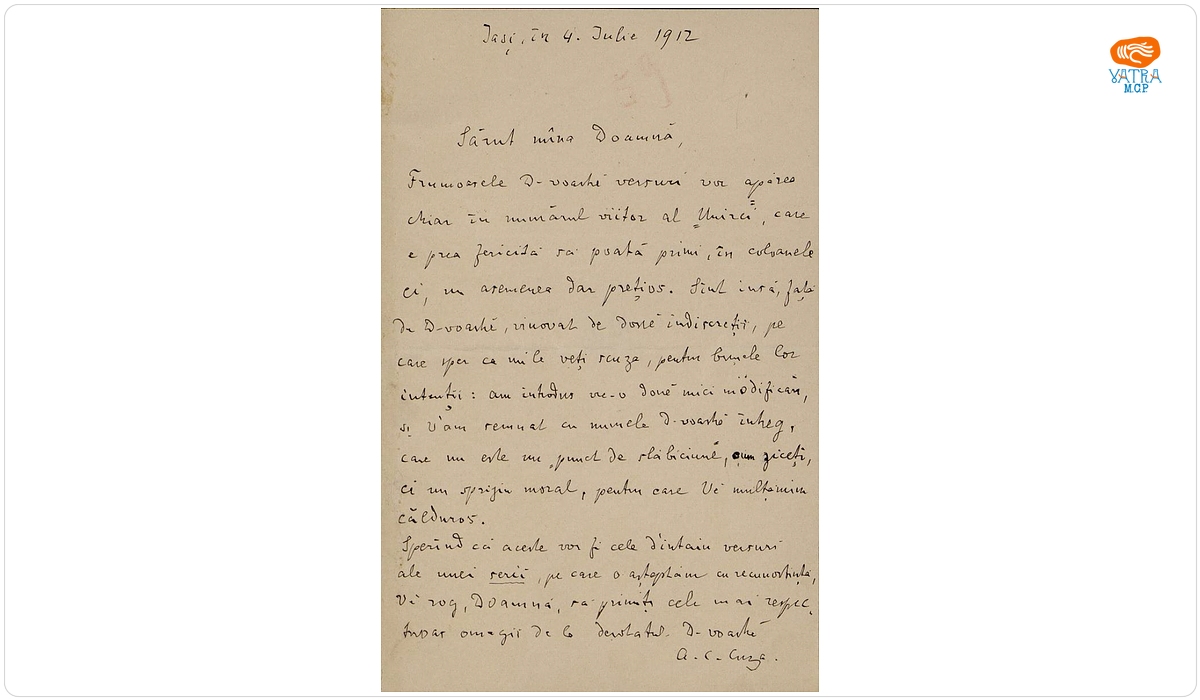 Scrisoare, datată 4 iulie 1912 (Iași), adresată de Alexandru C. Cuza doamnei Ana Conta-Kernbach