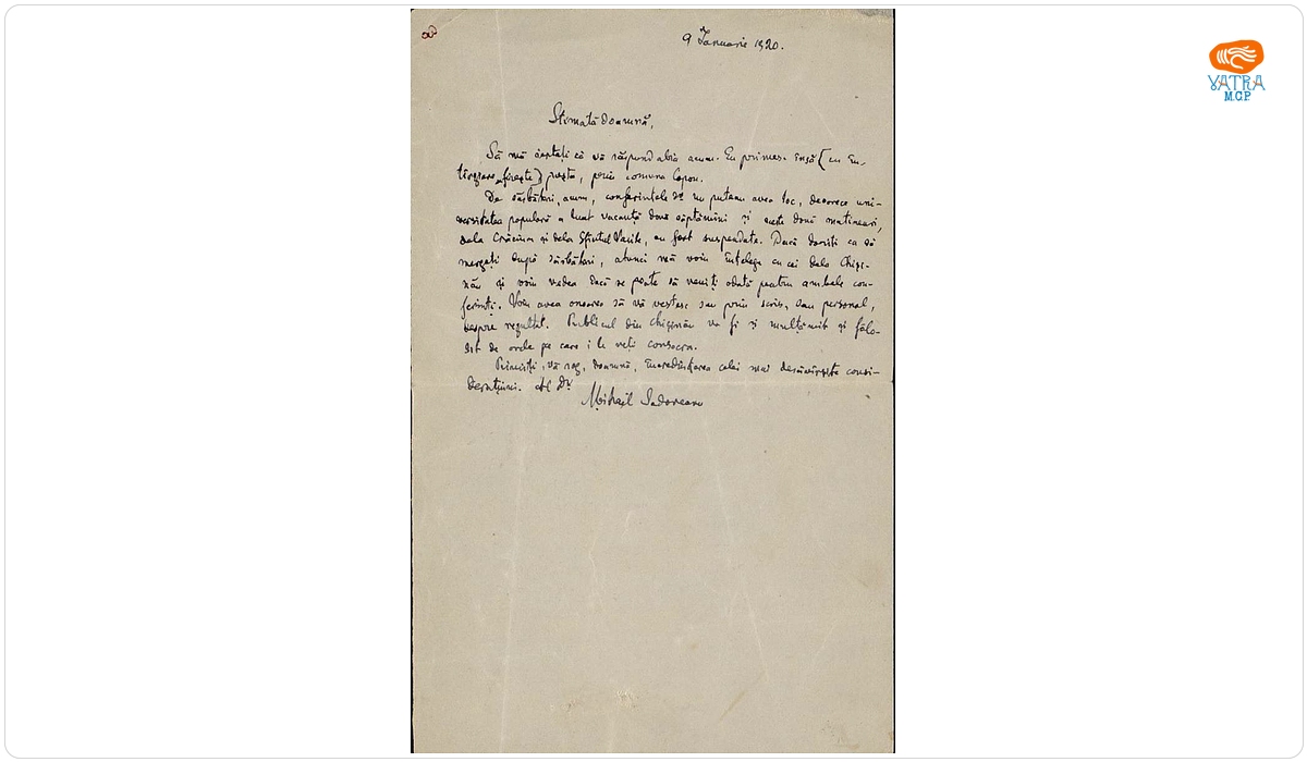 Scrisoare, datată 9 ianuarie 1920 (Iași), adresată de Mihail Sadoveanu doamnei Ana Conta-Kernbach