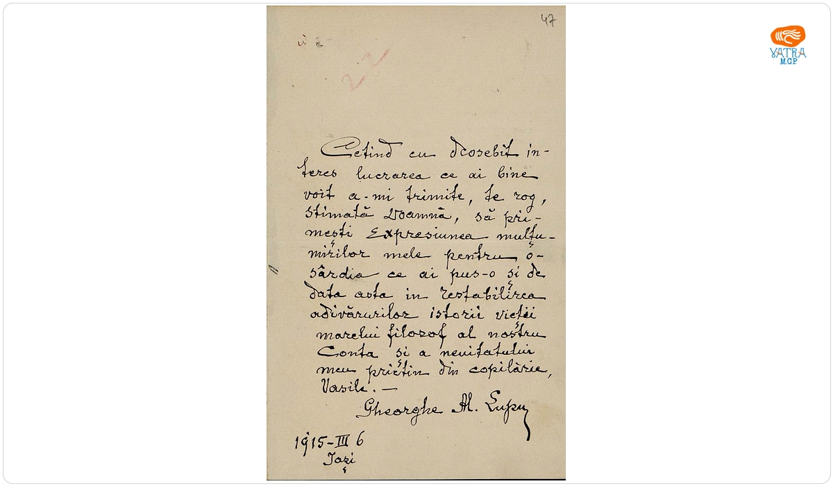 Scrisoare, datată 6 martie 1915 (Iași), adresată de Gheorghe Al. Lupu doamnei Ana Conta-Kernbach