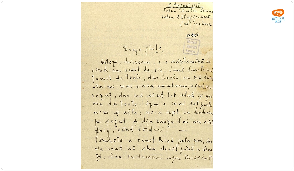 Scrisoare, datată Valea Meilor, comuna Valea Călugărească (jud. Prahova), 5 august 1915, adresată de Mihai Popescu lui George Coșbuc