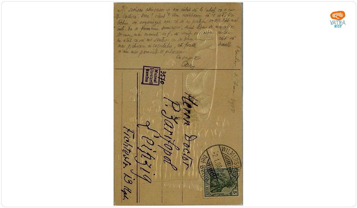 Carte poștală adresată de I.L. Luca Caragiale lui Paul Zarifopol, aflat la Leipzig.