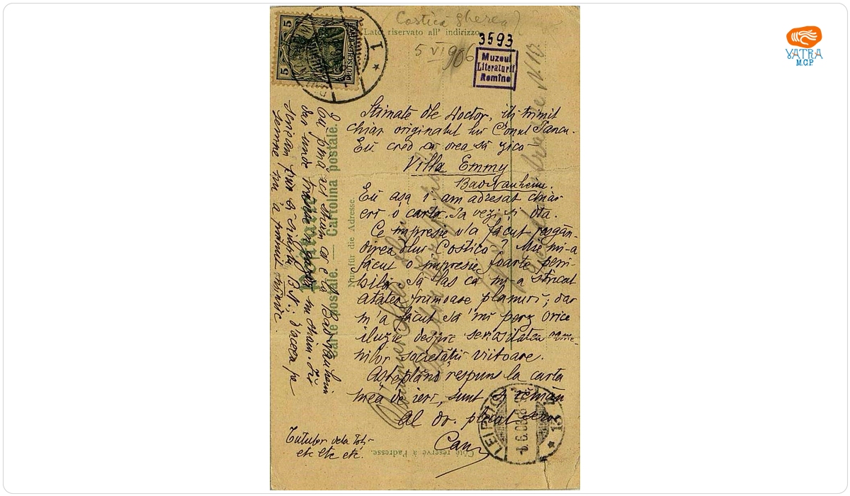 Carte poștală trimisă de I.L. Caragiale, din Bad Nauheim, lui Paul Zarifopol, aflat la Leipzig.