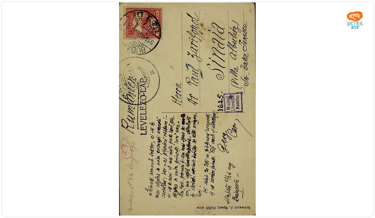 Carte poștală adresată, din Budapesta, de I.L. Caragiale lui Paul Zarifopol, aflat la Sinaia.