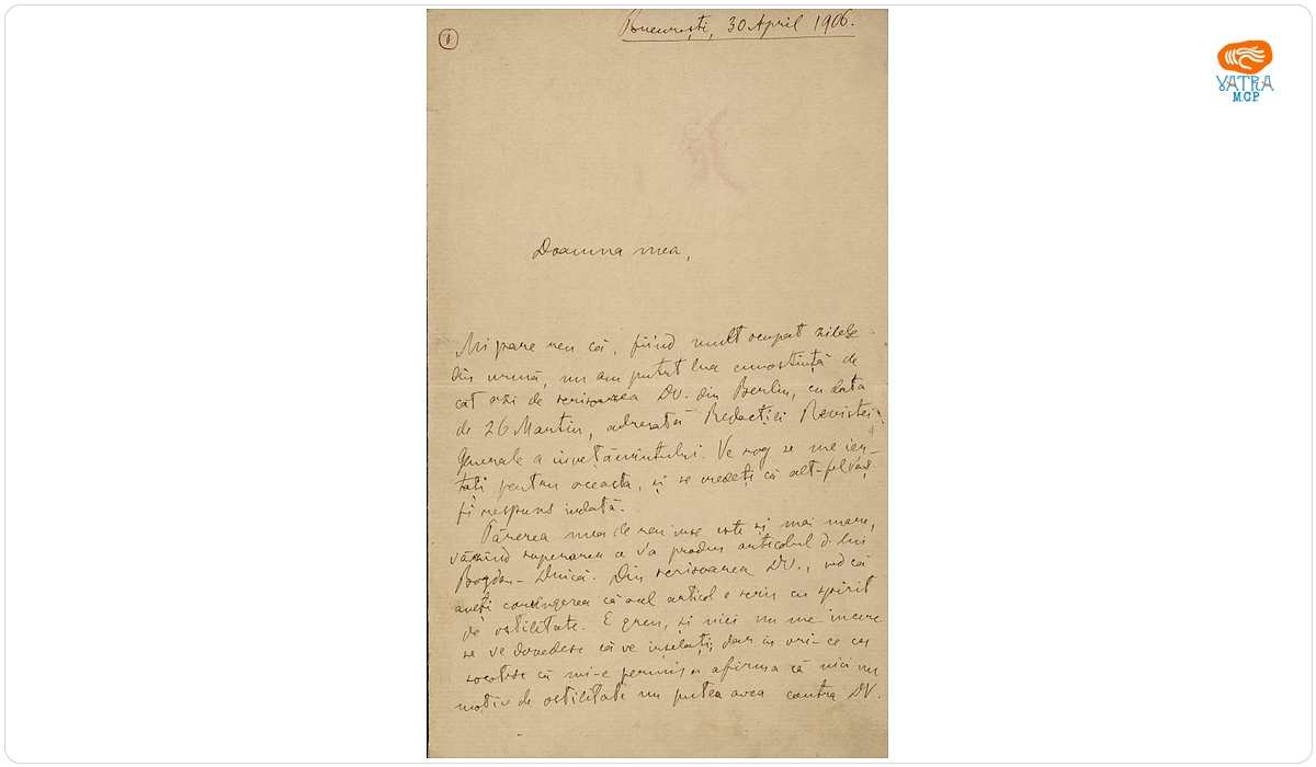 Scrisoare, datată 30 aprilie 1906, adresată din București de Spiru Haret doamnei Ana Conta-Kernbach