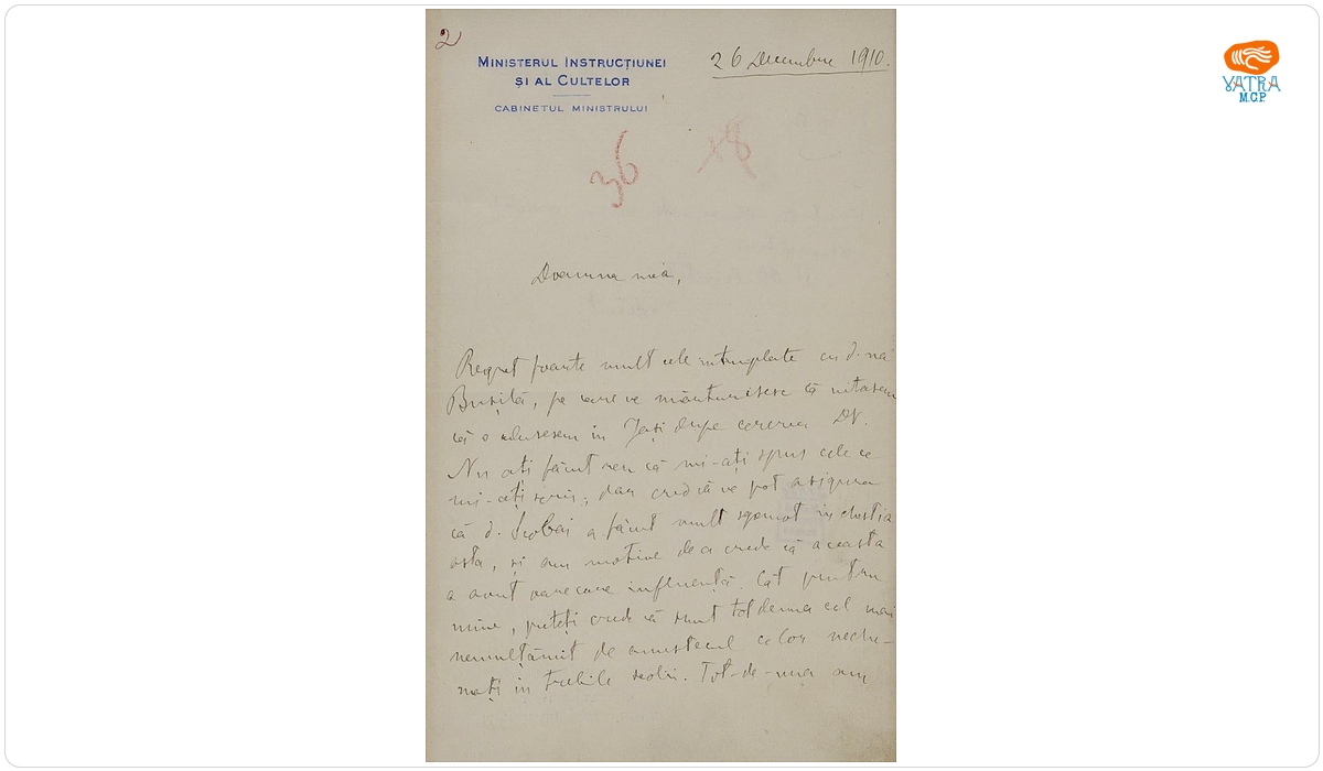 Scrisoare, datată 26 decembrie 1910, adresată de Spiru Haret doamnei Ana Conta-Kernbach