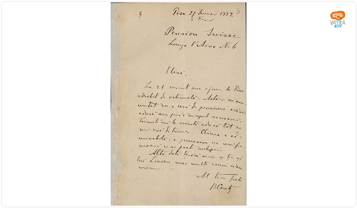 Scrisoare, datată 27 ianuarie/ 8 februarie 1882, adresată din Pisa de Vasile Conta surorii sale Eliza