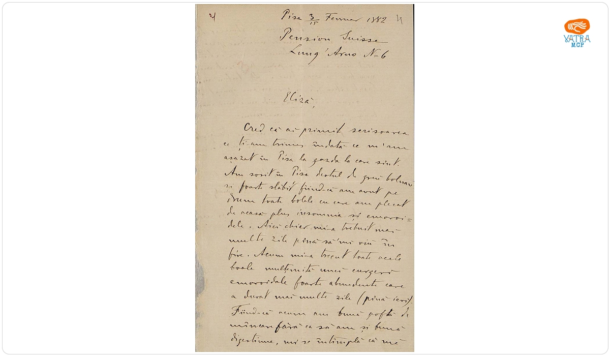 Scrisoare, datată 3/15 februarie 1882, adresată din Pisa de Vasile Conta surorii sale Eliza.