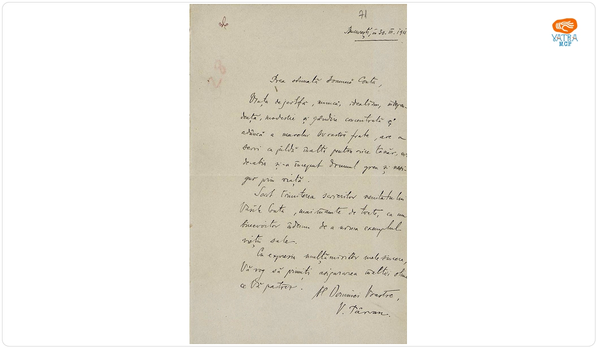 Scrisoare, datată 30 martie 1911, adresată din București de Vasile Pârvan doamnei Ana Conta-Kernbach