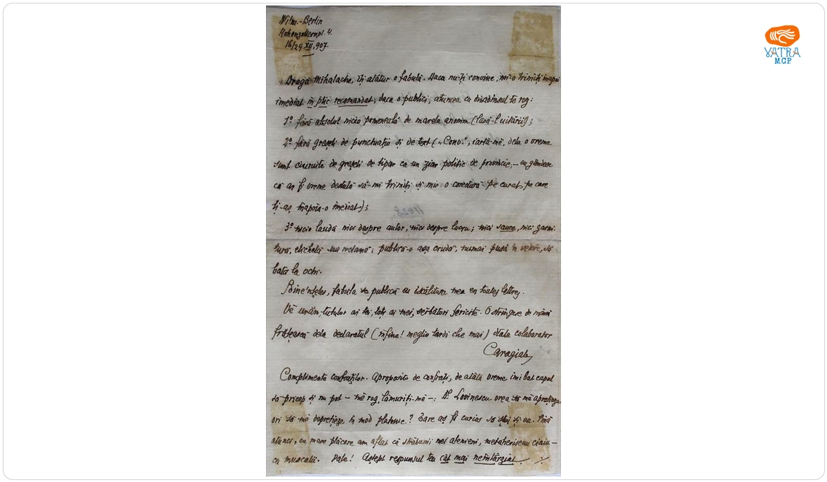 Scrisoare datată „16/29 decembrie 1907, Berlin“, adresată de I.L. Caragiale lui Mihail Dragomirescu.