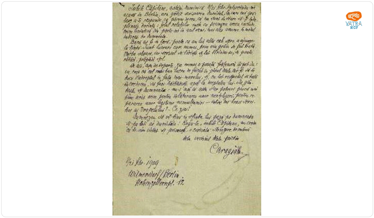 Scrisoare datată „8/21 februarie 1909“, adresată de I.L. Caragiale căpitanului N.V. Piperescu.