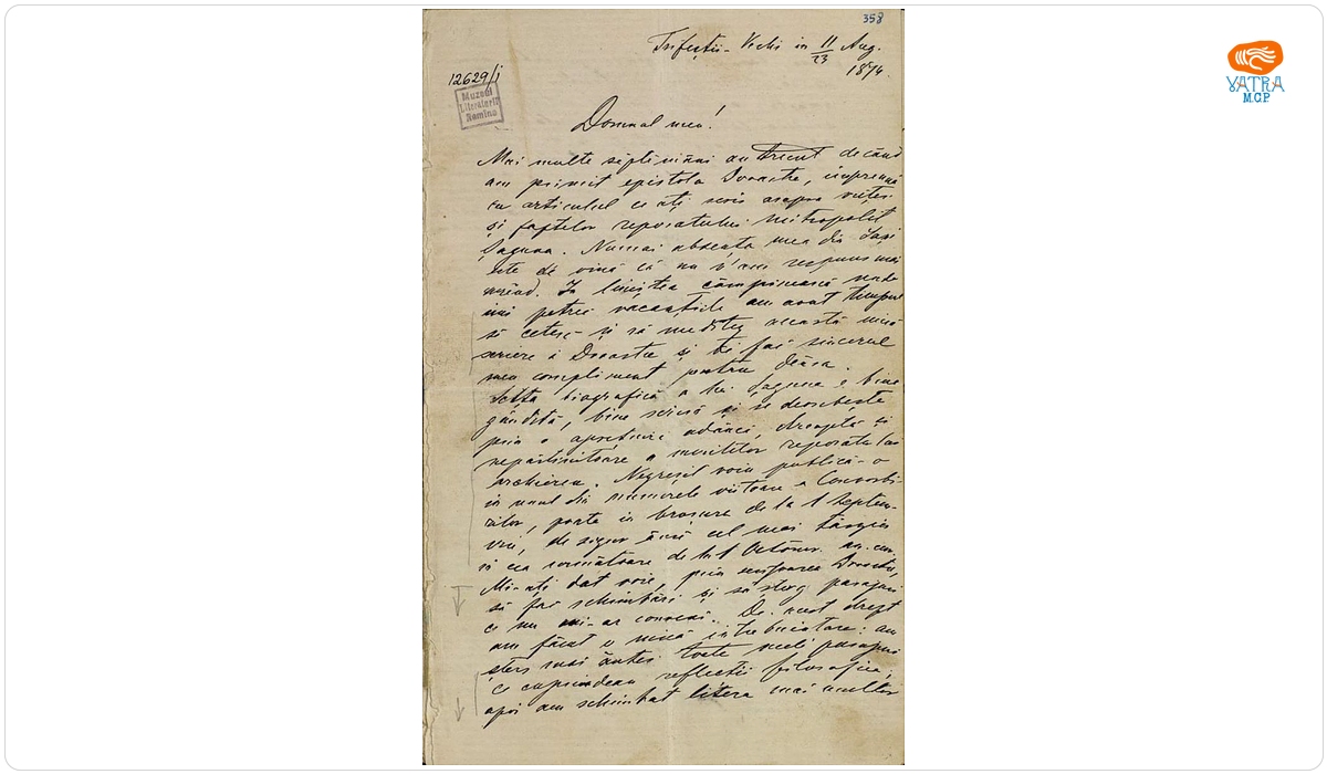 Scrisoare adresată de către Iacob Negruzzi lui Ilarion Pușcariu, Trifeștii Vechi (Iași), 11/ 23 august 1874.