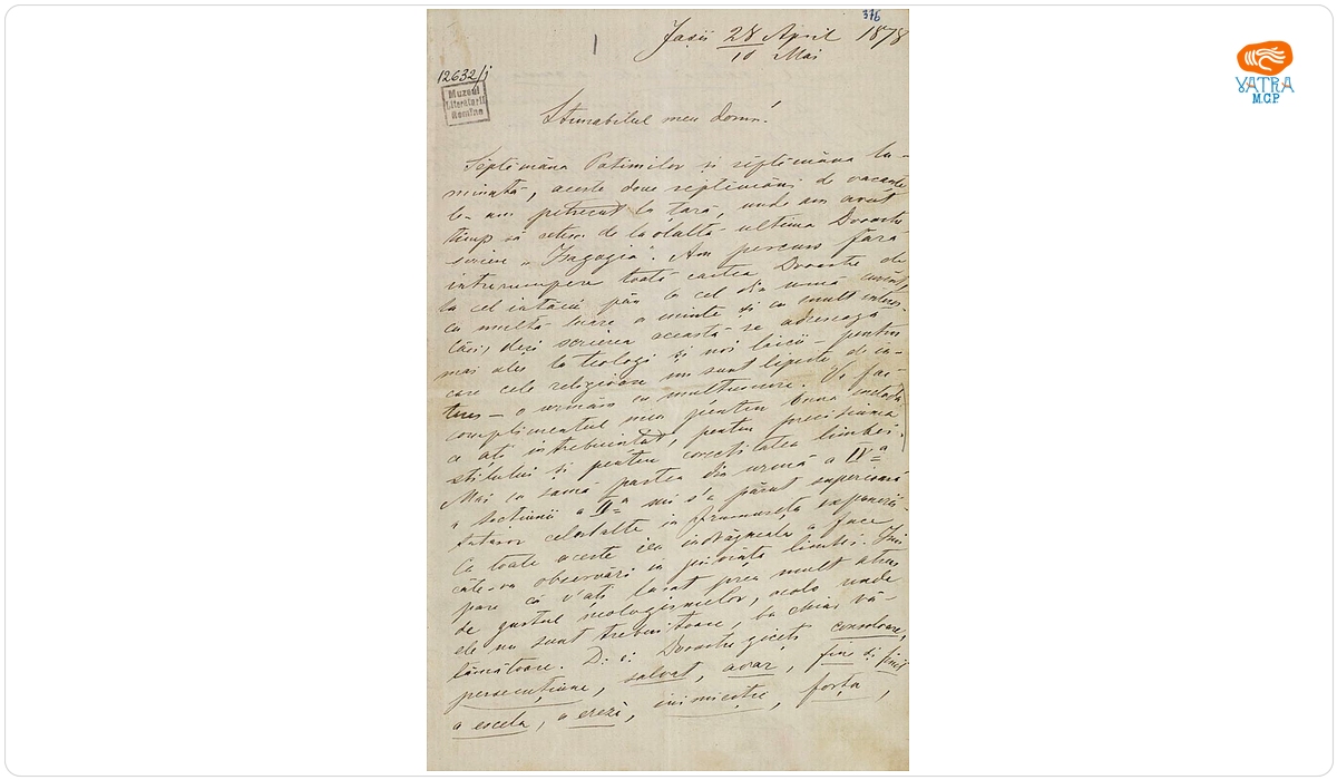 Documentul a fost redactat de Iacob Negruzzi. — Scrisoare adresată de către Iacob Negruzzi lui Ilarion Pușcariu, Iași, 28 aprilie/ 10 mai 1878