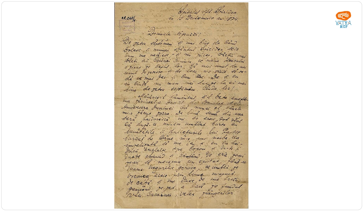 Scrisoare adresată de către Miron Pompiliu lui Iacob Negruzzi, Iași (spitalul sf. Spiridon), 15 decembrie 1874.