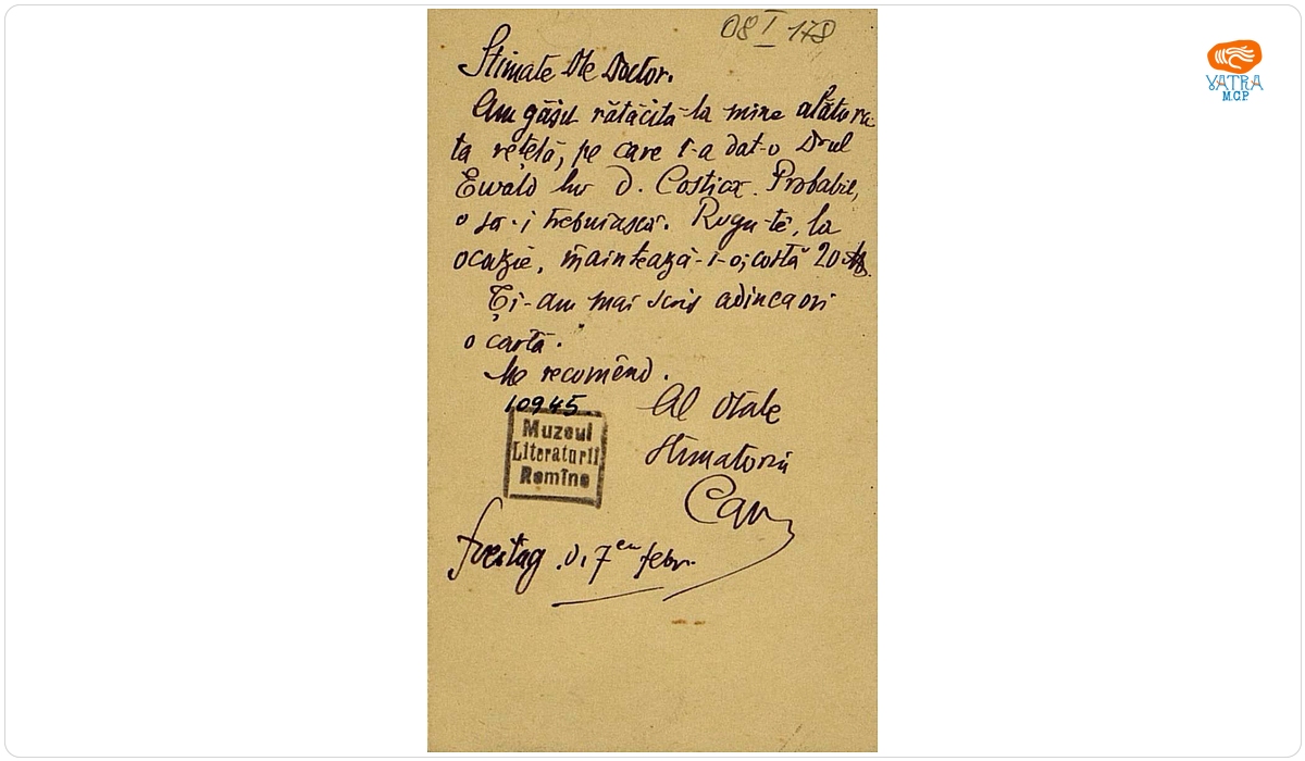 Carte de vizită, conținând text pe verso, adresată, din Berlin, de I.L. Caragiale lui Paul Zarifopol, aflat la Leipzig.