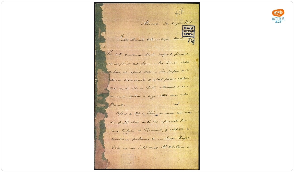 asile Alecsandri — Scrisoare adresată de Vasile Alecsandri lui Vasile Alexandrescu Urechia, datată „30 august 1878, Mircești”
