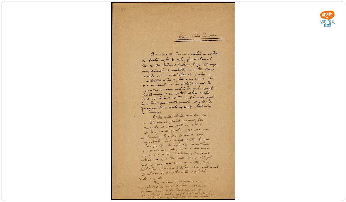 Textul manuscris a fost redactat de Nicolae Iorga. — Manuscris al lui Nicolae Iorga intitulat „Românii din America“