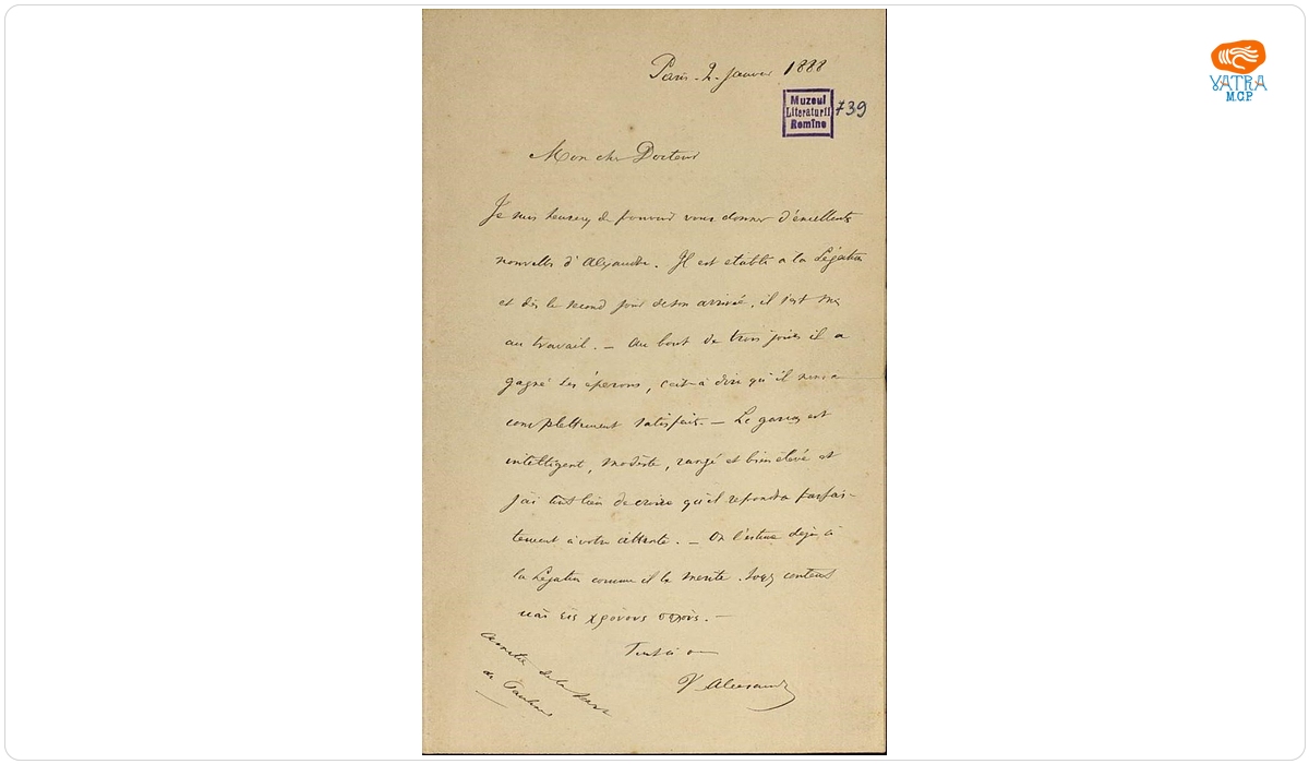 Scrisoare datată „2 ianuarie 1888, Paris“, adresată de Vasile Alecsandri doctorului Vălleanu.