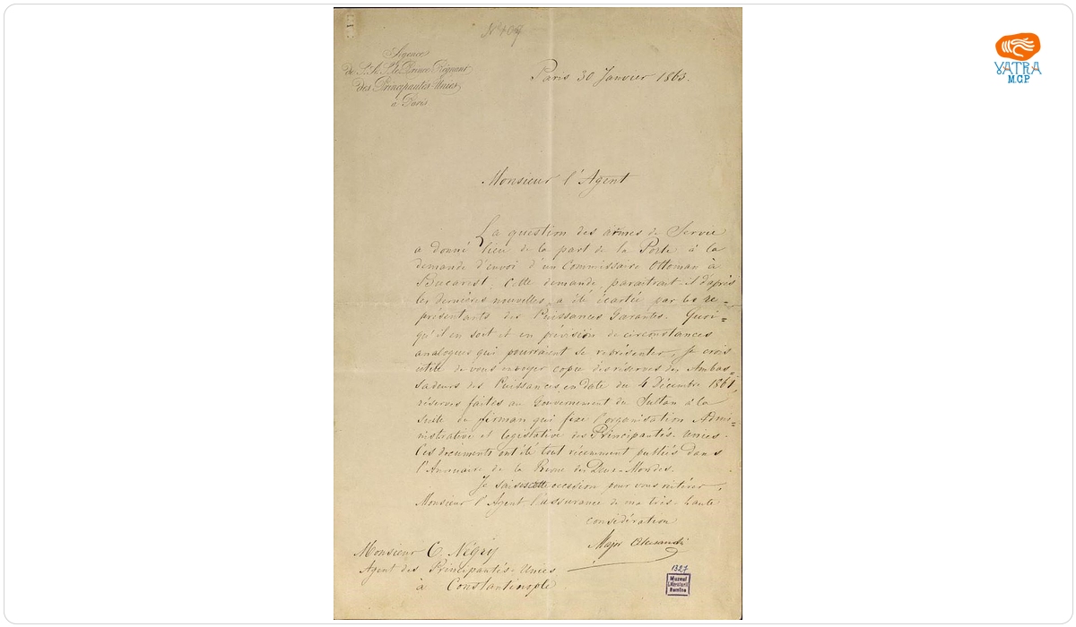 Scrisoare datată „30 ianuarie 1863, Paris”, adresată de Iancu Alecsandri lui Costache Negri