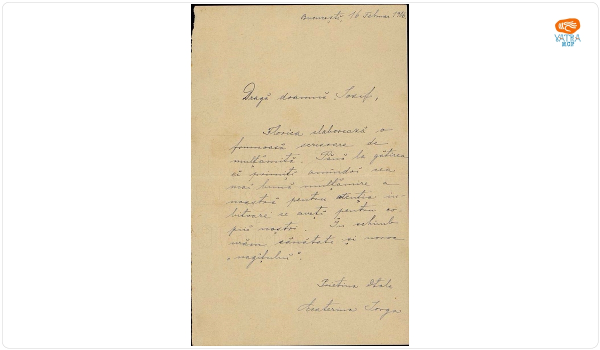Scrisoare adresată Nataliei Negru Iosif de Ecaterina Iorga