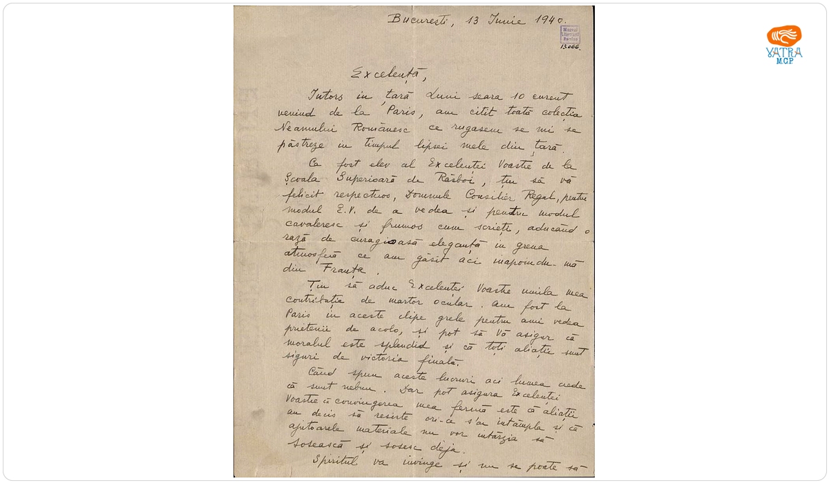 Scrisoare datată „13 iunie 1940, București“, adresată de George E. Mavrodi lui Nicolae Iorga.