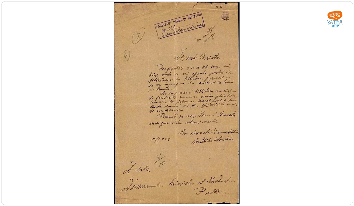 Scrisoare datată „28 ianuarie 1932“, adresată lui Nicolae Iorga, ministru al Instrucțiunii și Cultelor, de Mathilda Sandovici