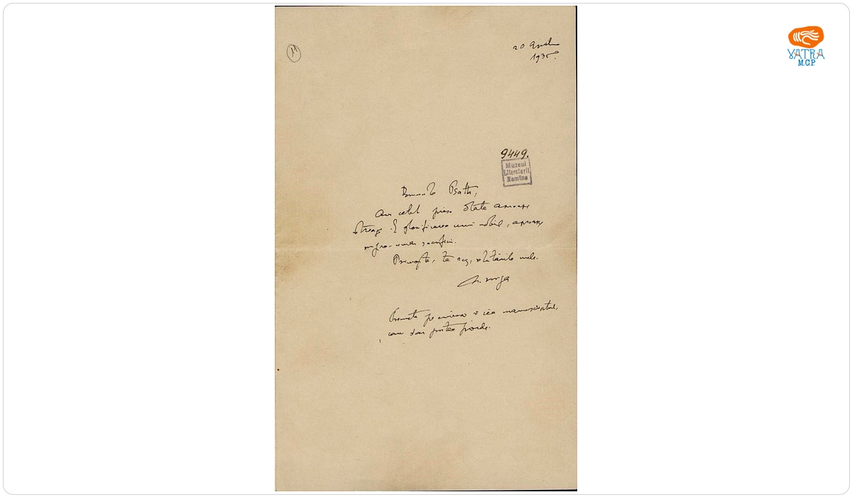 Scrisoarea a fost redactată de Nicolae Iorga. — Scrisoare datată „20 aprilie 1935“, adresată de Nicolae Iorga lui Dem. Psatta.