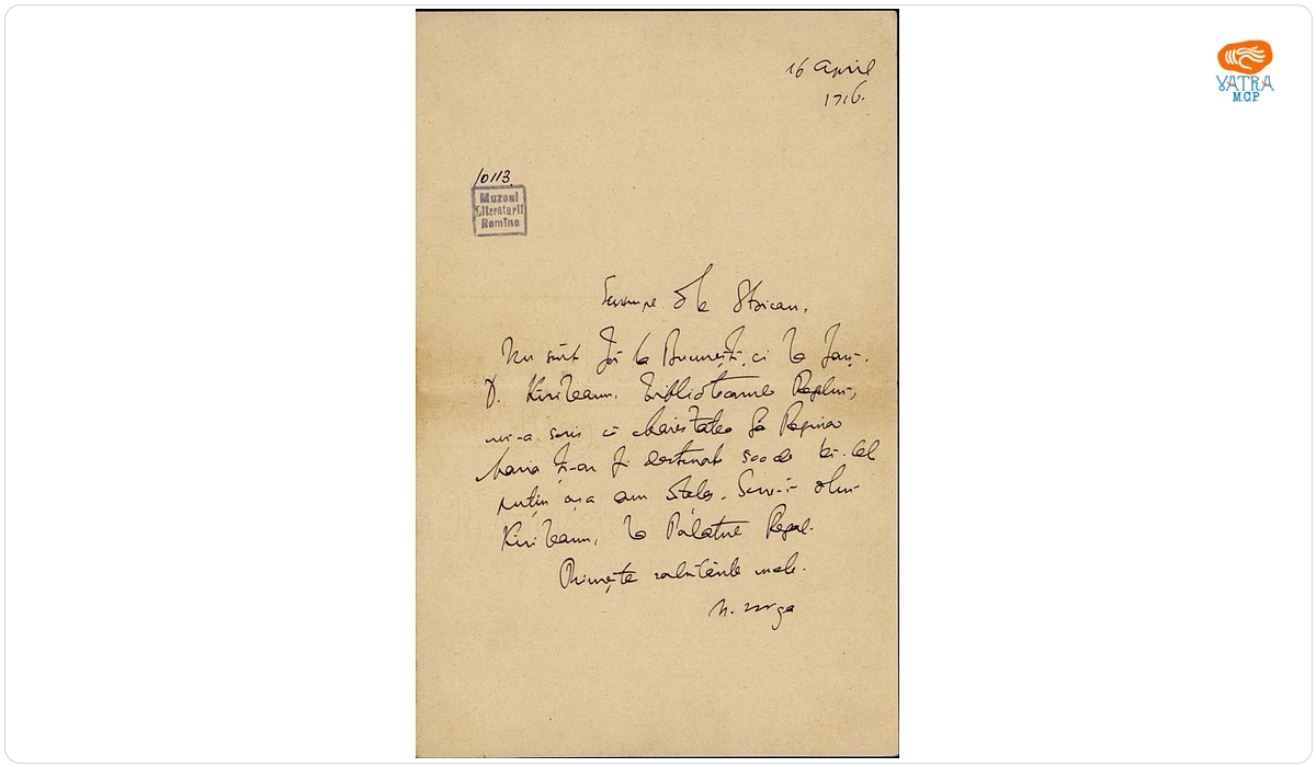 Scrisoare datată „16 aprilie 1916“, adresată de Nicolae Iorga lui I. I. Stoican.
