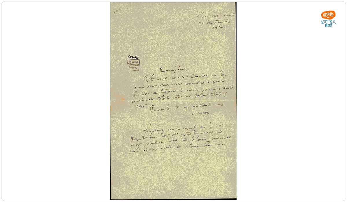 Scrisoarea a fost redactată de Nicolae Iorga — Scrisoare datată „21 septembrie 1924, Vălenii de Munte“, adresată de Nicolae Iorga Alexandrinei Vornicelu